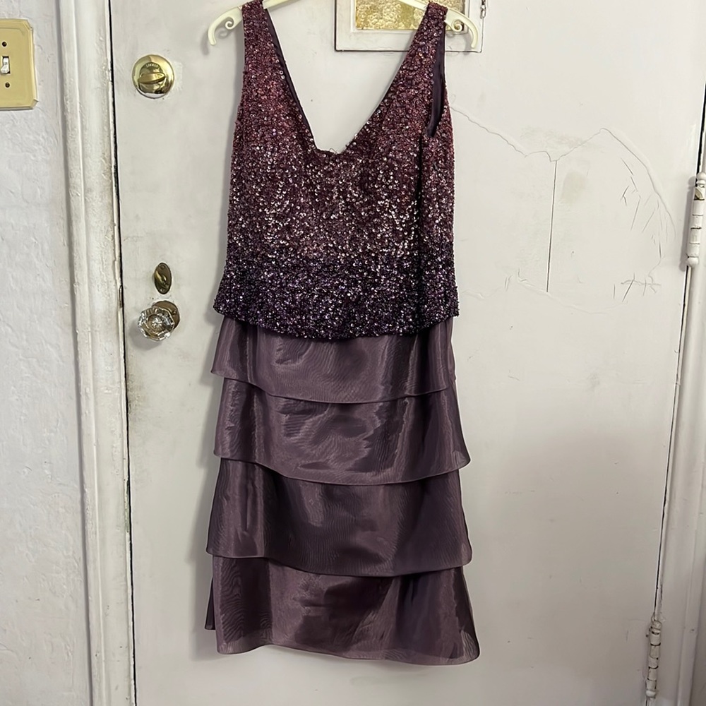 Jovani plum dress with sequined top and chiffon skirt.